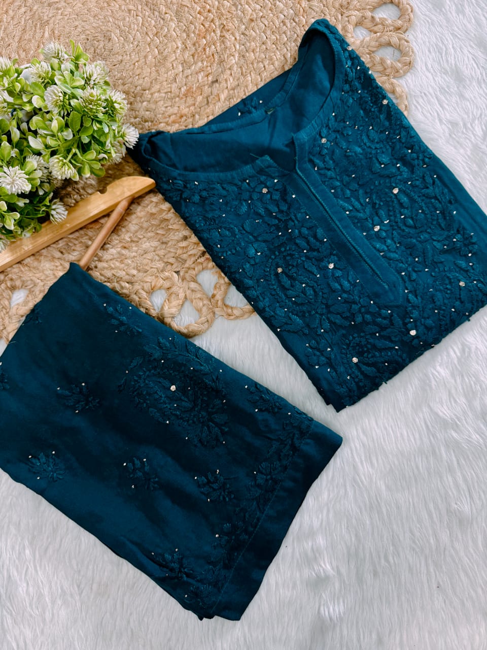 Firdaus Rayon Fabric lucknowi Chikankari mukaish Set of Kurti with Palazzo and Matching Chiffon Dupatta | Vintage Chikankari