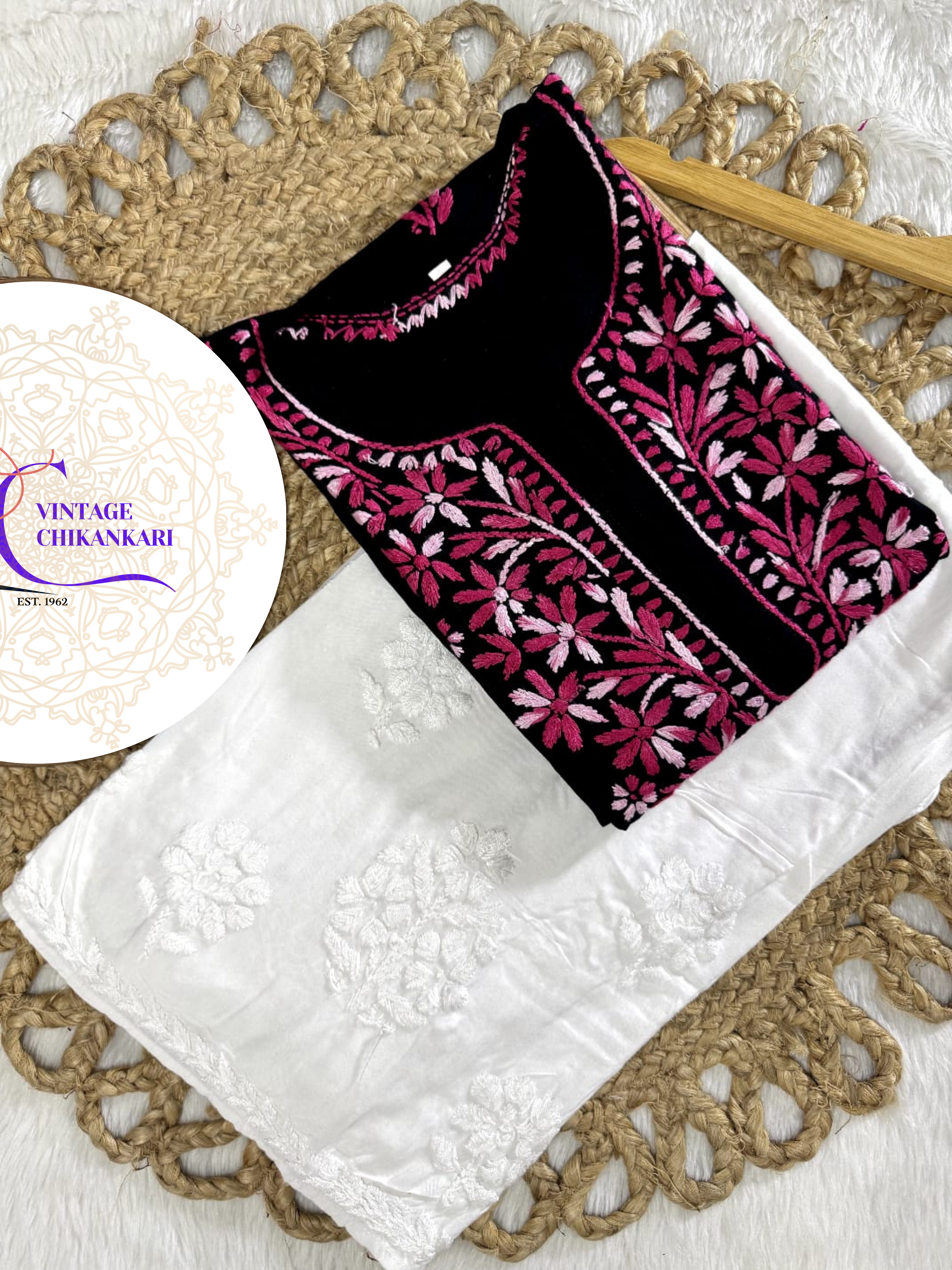 Zareen Black Rayon Chikankari Kurti Only with Dual Shade Chikankari Embroidery Designed by Vintage Chikankari