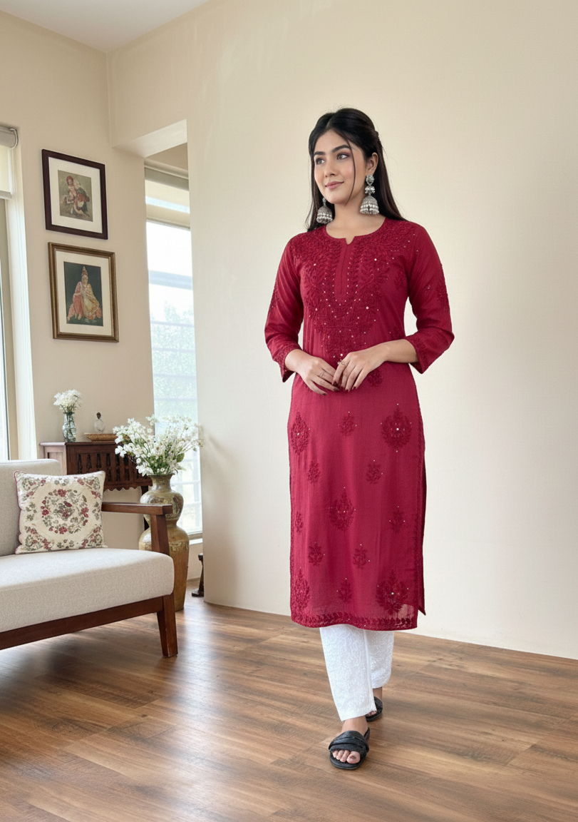 Azra Vintage Chikankari Chanderi Kurti – Tone-to-Tone Thread Chikankar