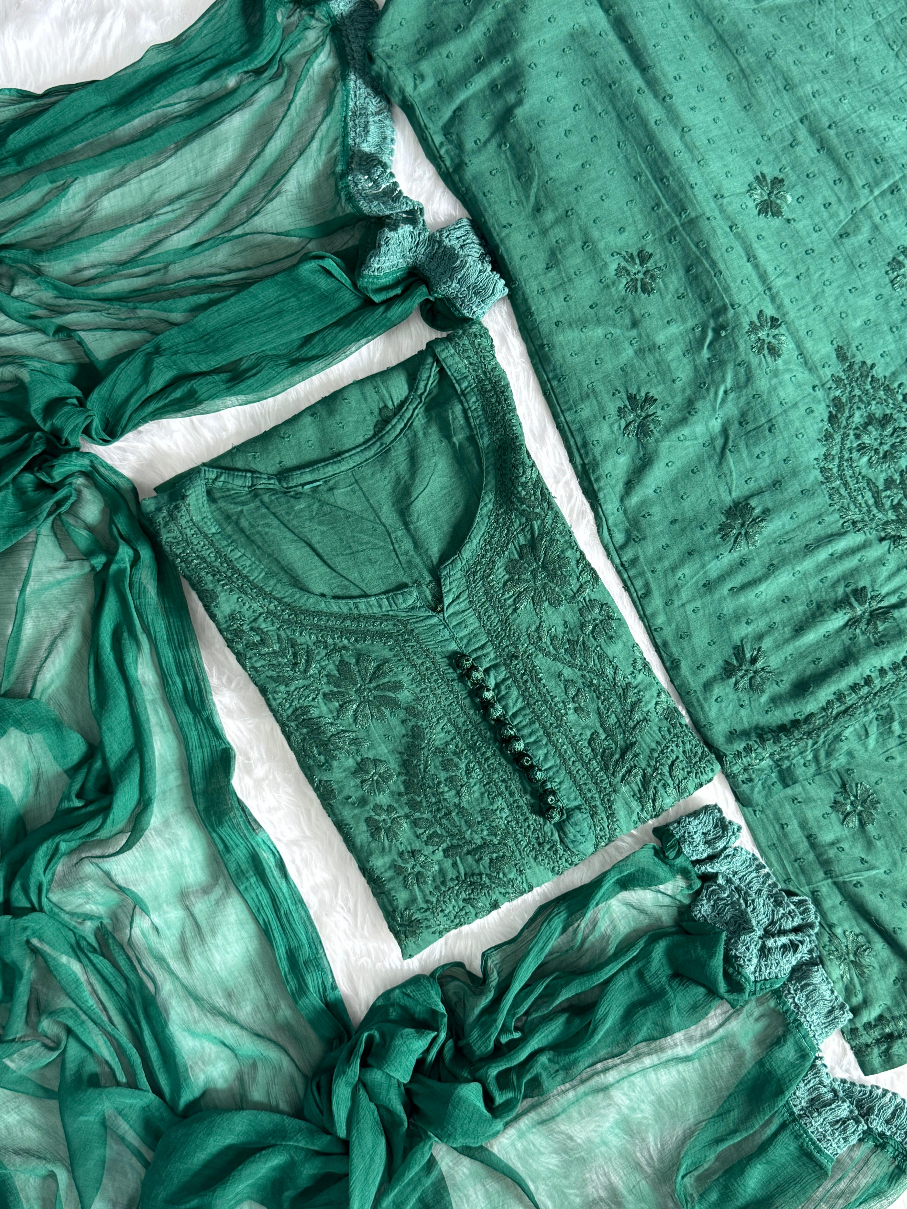 Dobby Cotton Lucknowi Chikankari Kurti Palazzo Dupatta Set with Fine Handwork Chikankari and Dobby Dots Beauty