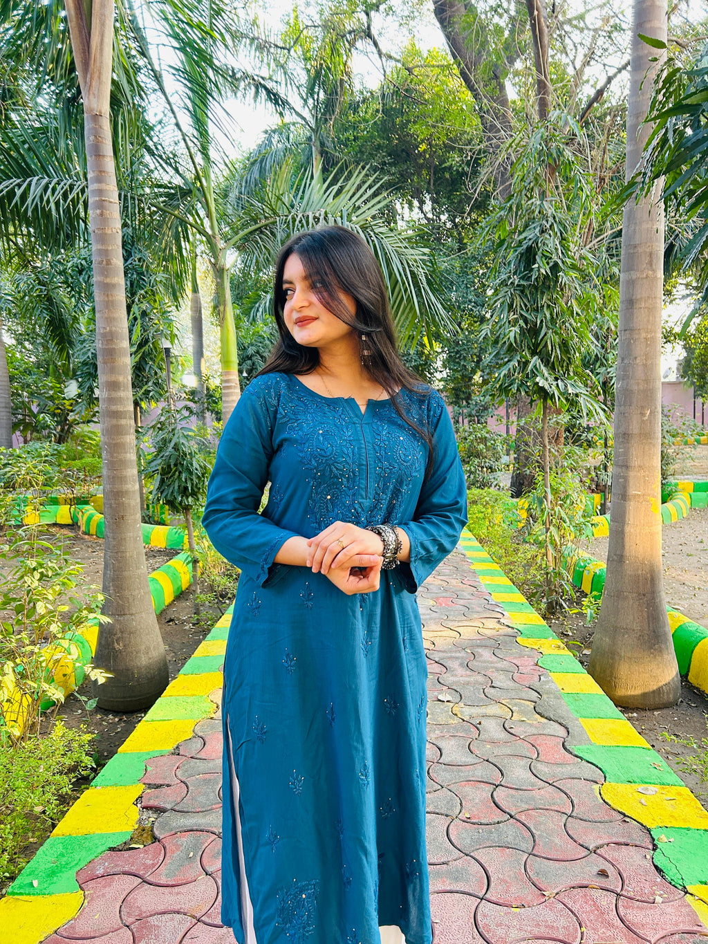 Blue Rayon Chikankari Mukaish Kurti with High Quality White Rayon Palazzo with Fine Chikankari And Mukaish Handwork