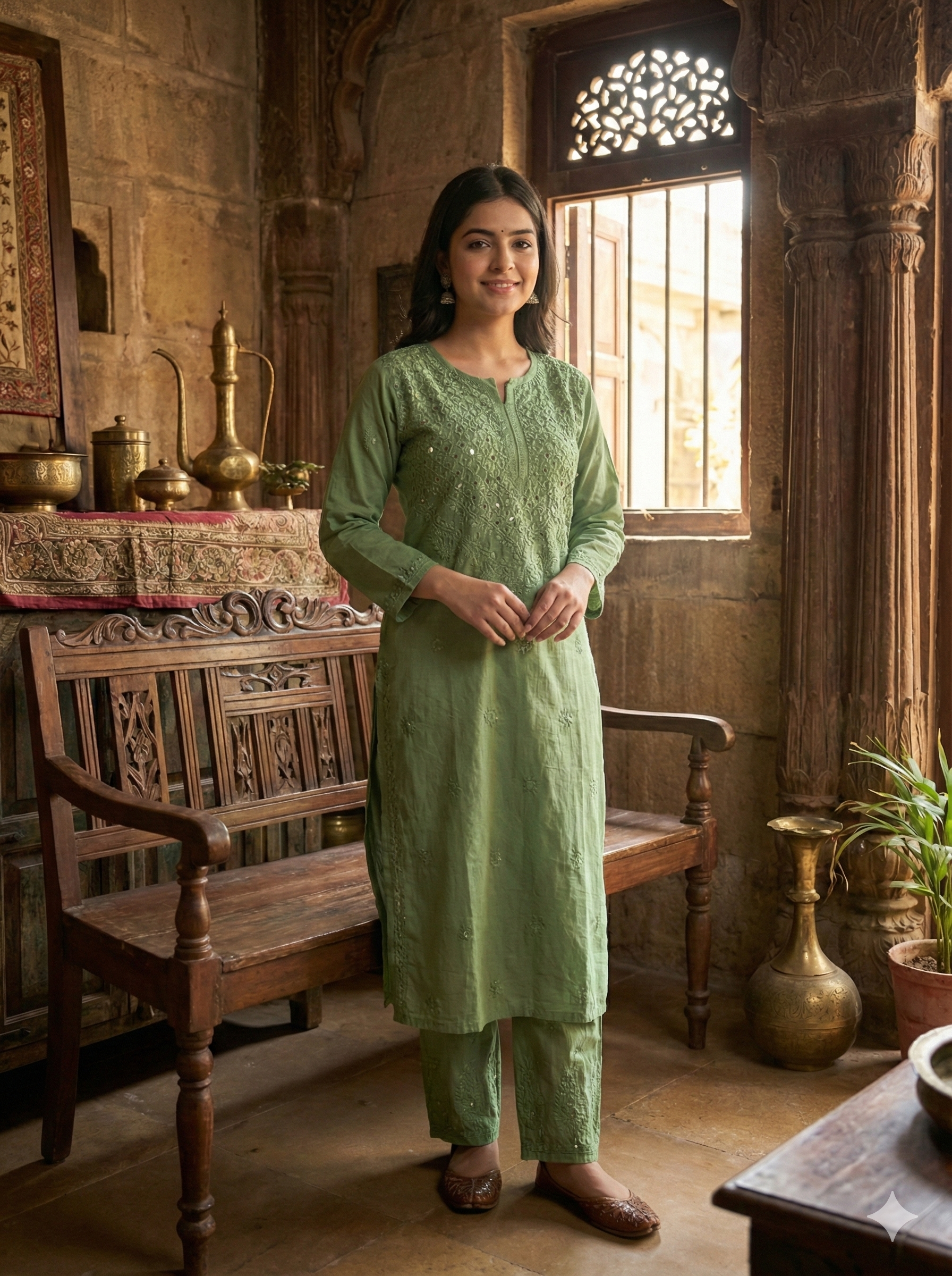 Suhana Cotton Chikankari Kurti with Palazzo | Fine Handcrafted Chikankari & Mukaish Work | Vintage Chikankari