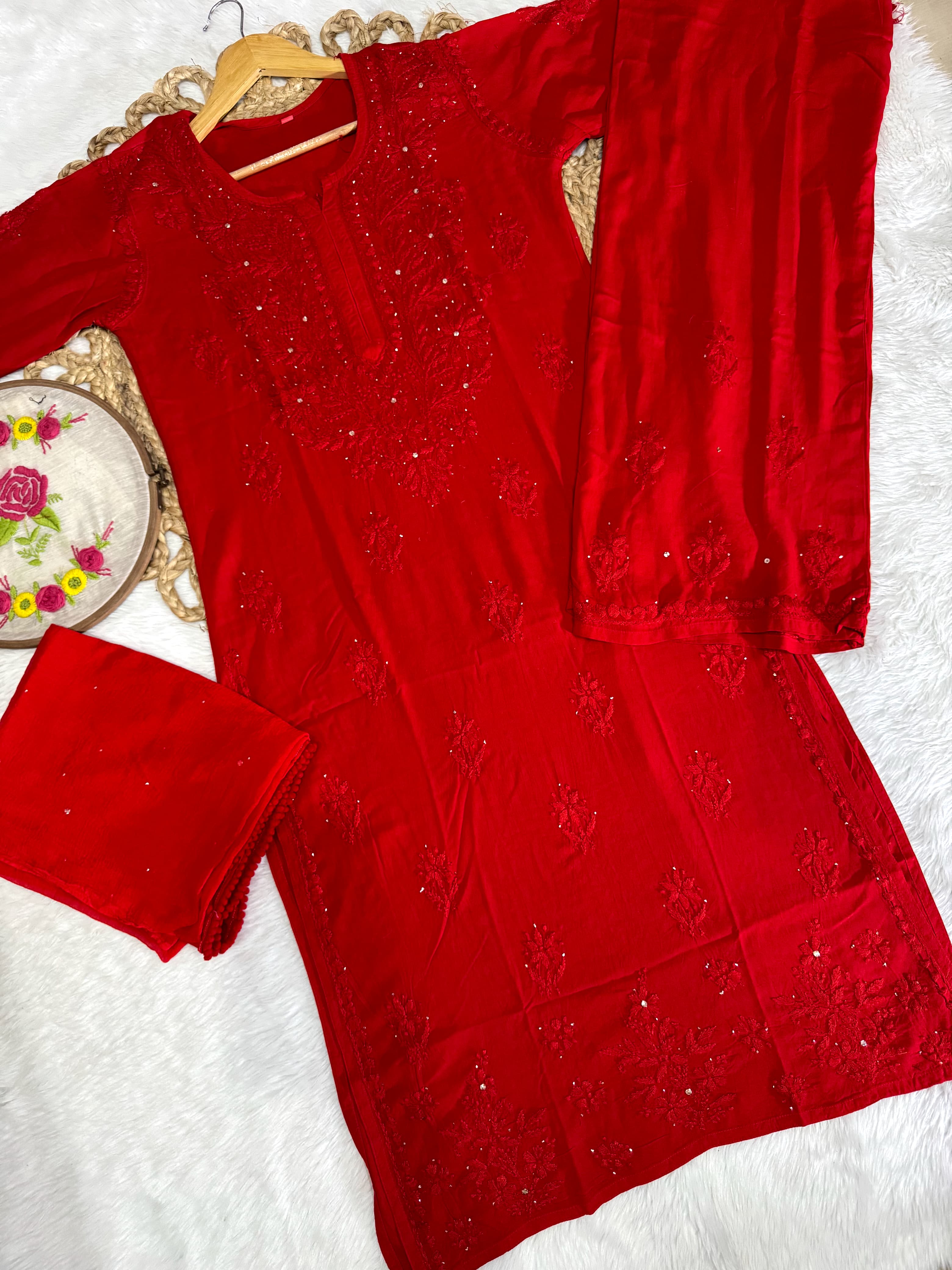 Mariah Chikankari Kurti, Dupatta and Palazzo set with Fine Handwork of Chikankari Work By Artisans of Lucknow