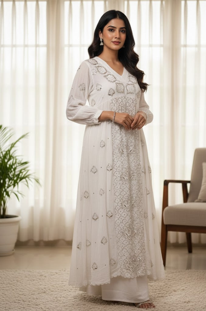 Snow White Long Frock With High Quality Mukaish Hand Crafted on Crape-Silk Fabric By Vintage Chikankari