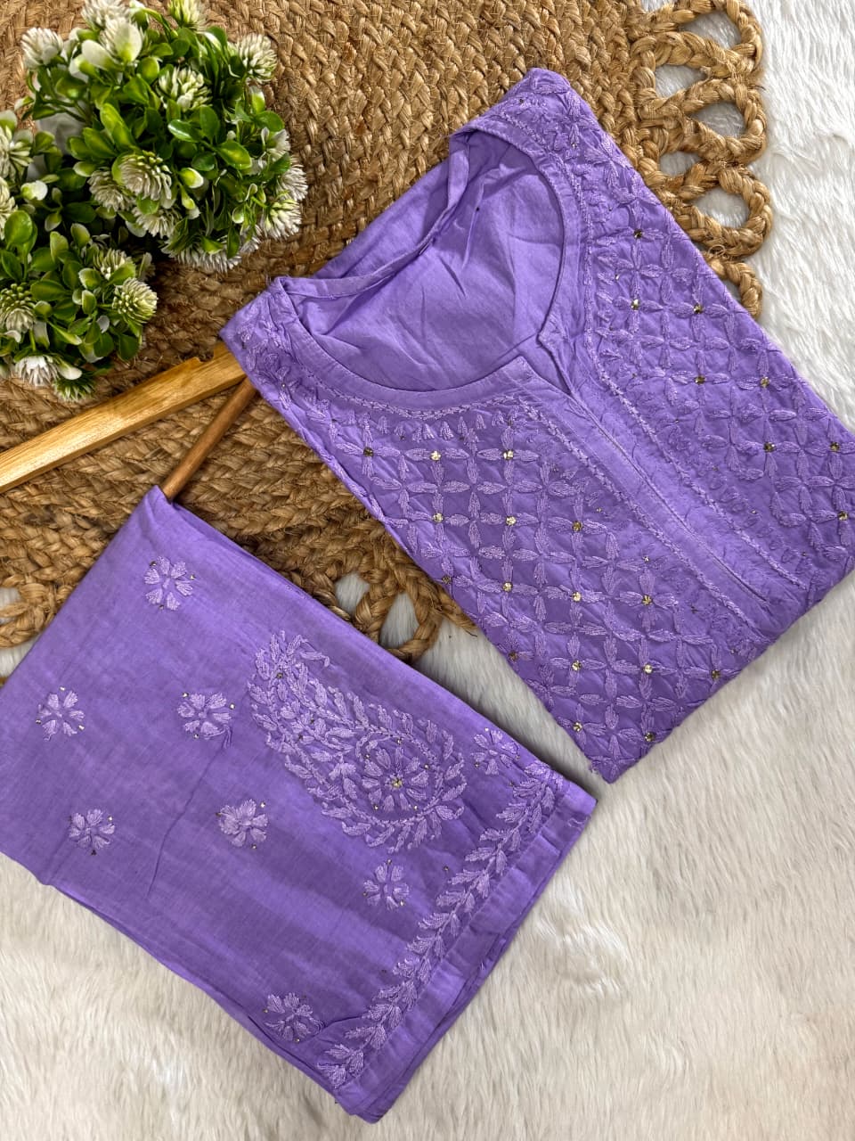 Suhana Cotton Chikankari Kurti with Palazzo | Fine Handcrafted Chikankari & Mukaish Work | Vintage Chikankari