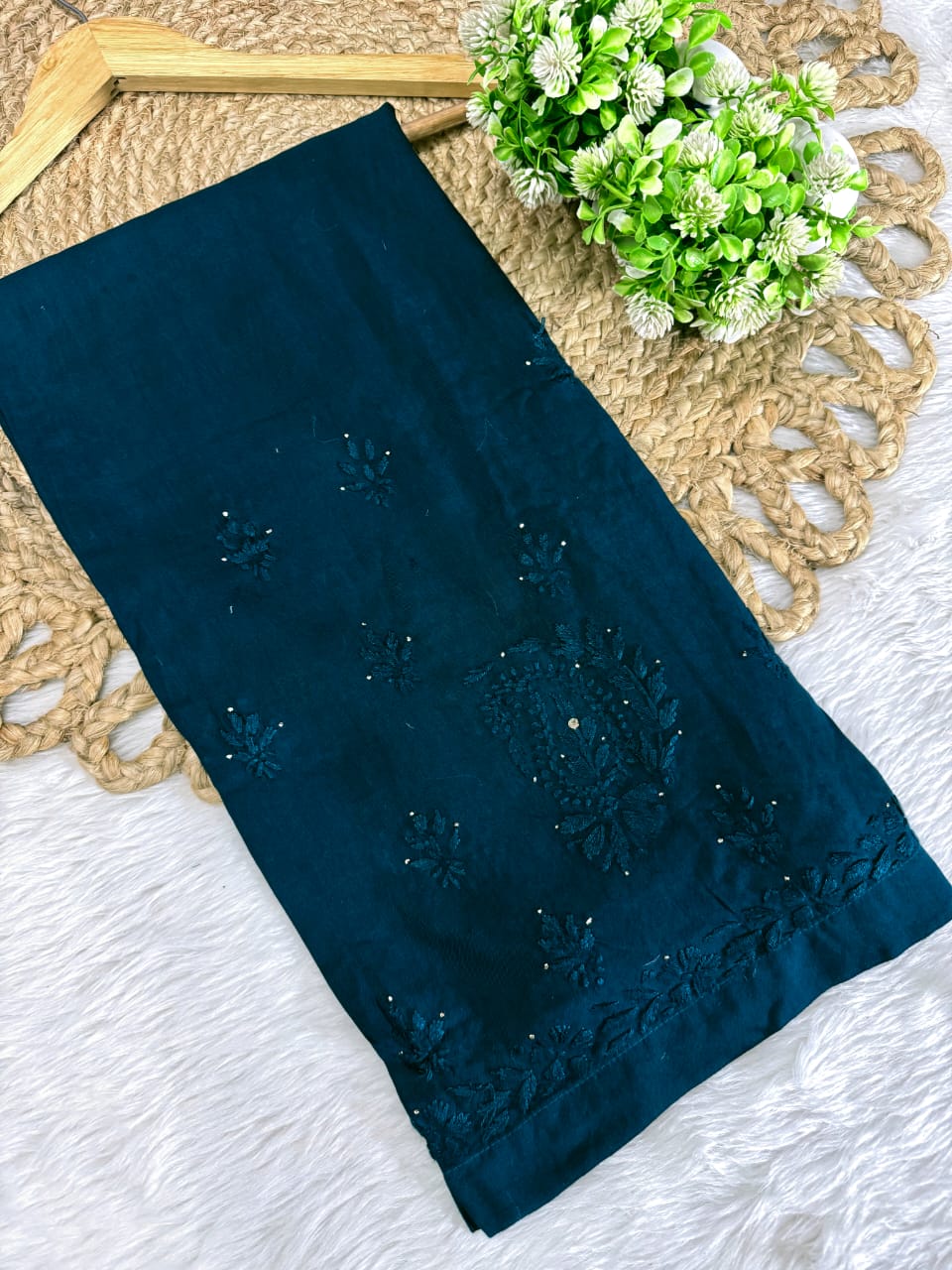 Firdaus Rayon Fabric lucknowi Chikankari mukaish Set of Kurti with Palazzo and Matching Chiffon Dupatta | Vintage Chikankari