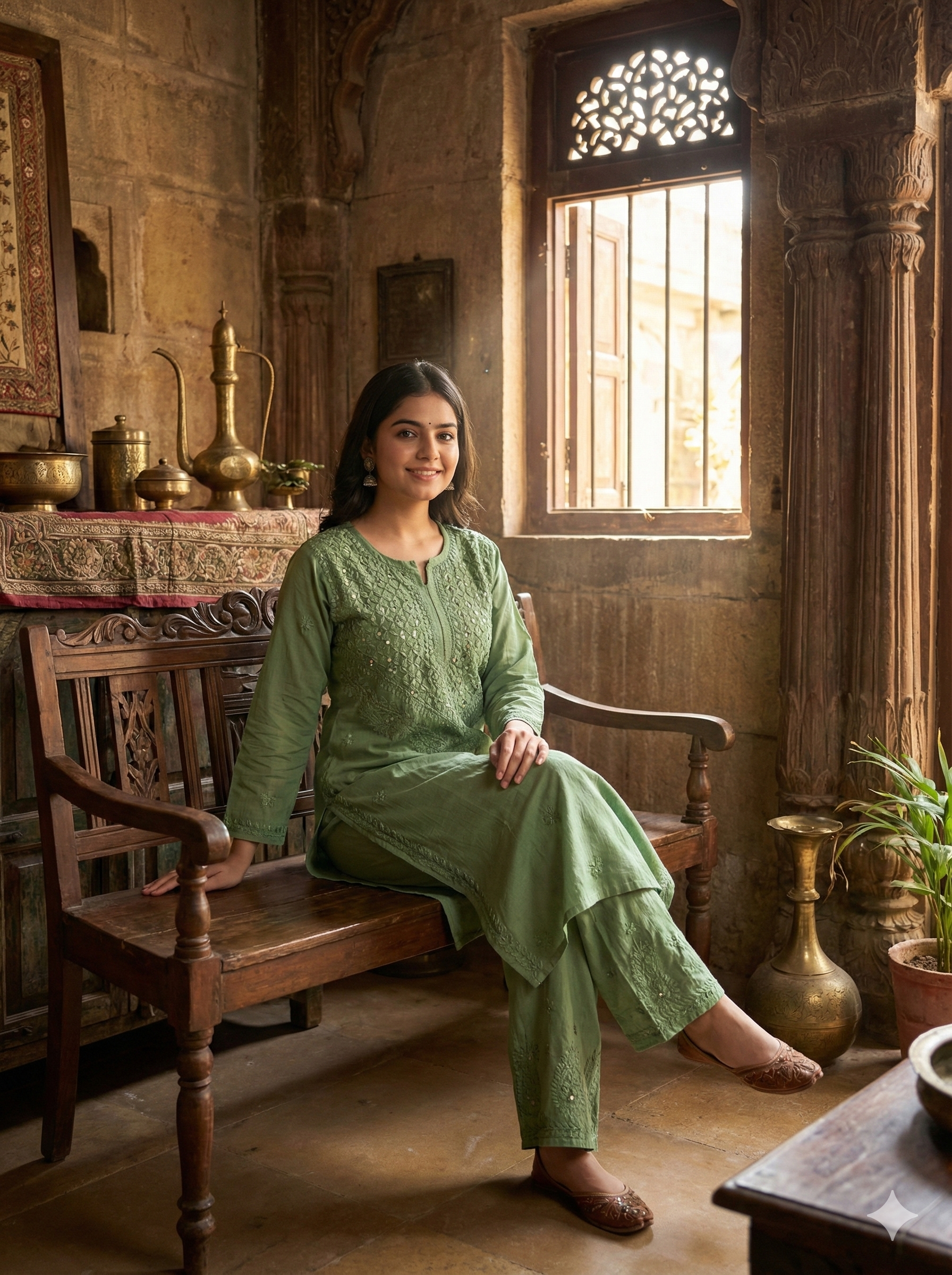 Suhana Cotton Chikankari Kurti with Palazzo | Fine Handcrafted Chikankari & Mukaish Work | Vintage Chikankari