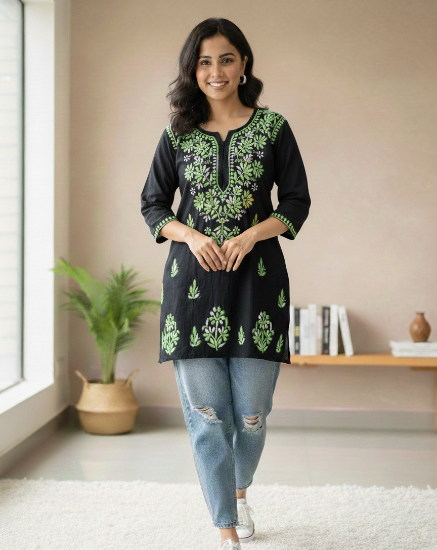 Airah Vintage Chikankari Dual Shade Handmade Lucknow Chikankari Rayon Kurti | Embroidered Top