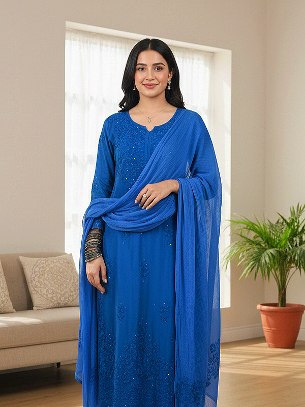 Mariah Chikankari Kurti, Dupatta and Palazzo set with Fine Handwork of Chikankari Work By Artisans of Lucknow