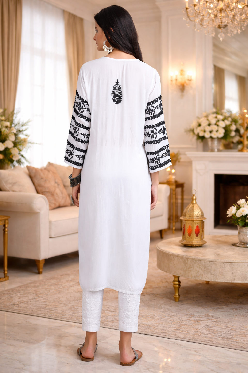 Sona Premium White Modal Chikankari Kurta with Black Thread Embroidery