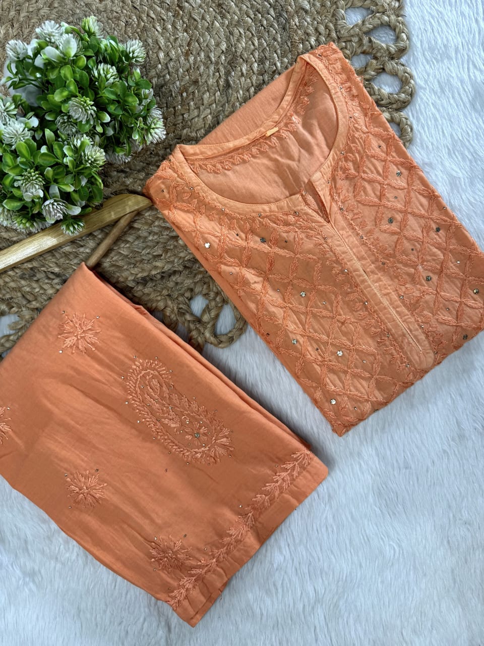 Suhana Cotton Chikankari Kurti with Palazzo | Fine Handcrafted Chikankari & Mukaish Work | Vintage Chikankari