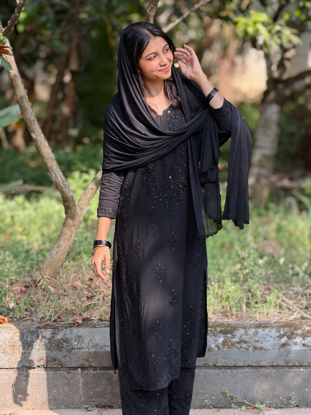 Shifana Hand Embroidered Kurti Palazzo and Dupatta set with Lucknow Chikankari and Mukaish Work