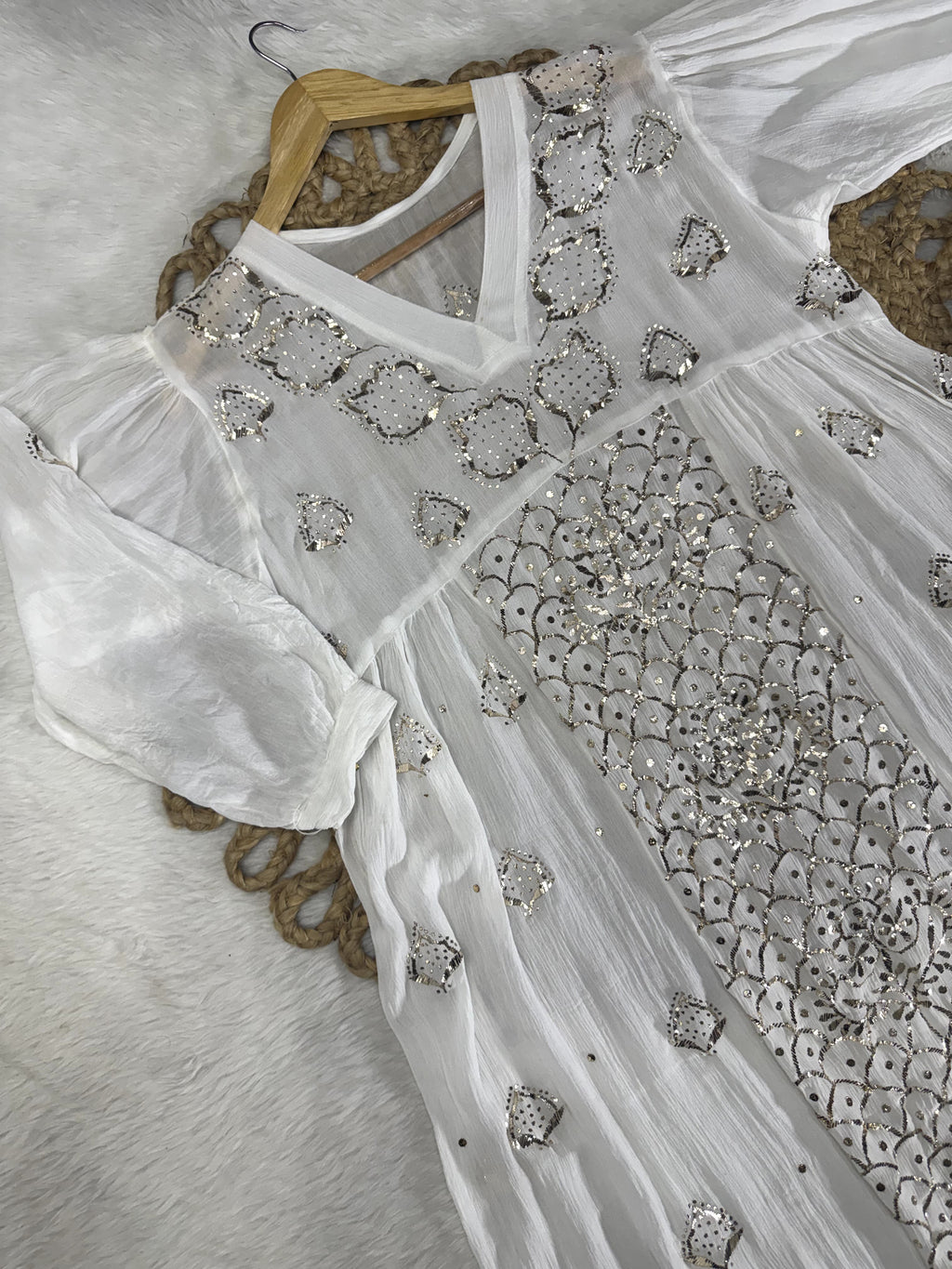 Snow White Long Frock With High Quality Mukaish Hand Crafted on Crape-Silk Fabric By Vintage Chikankari