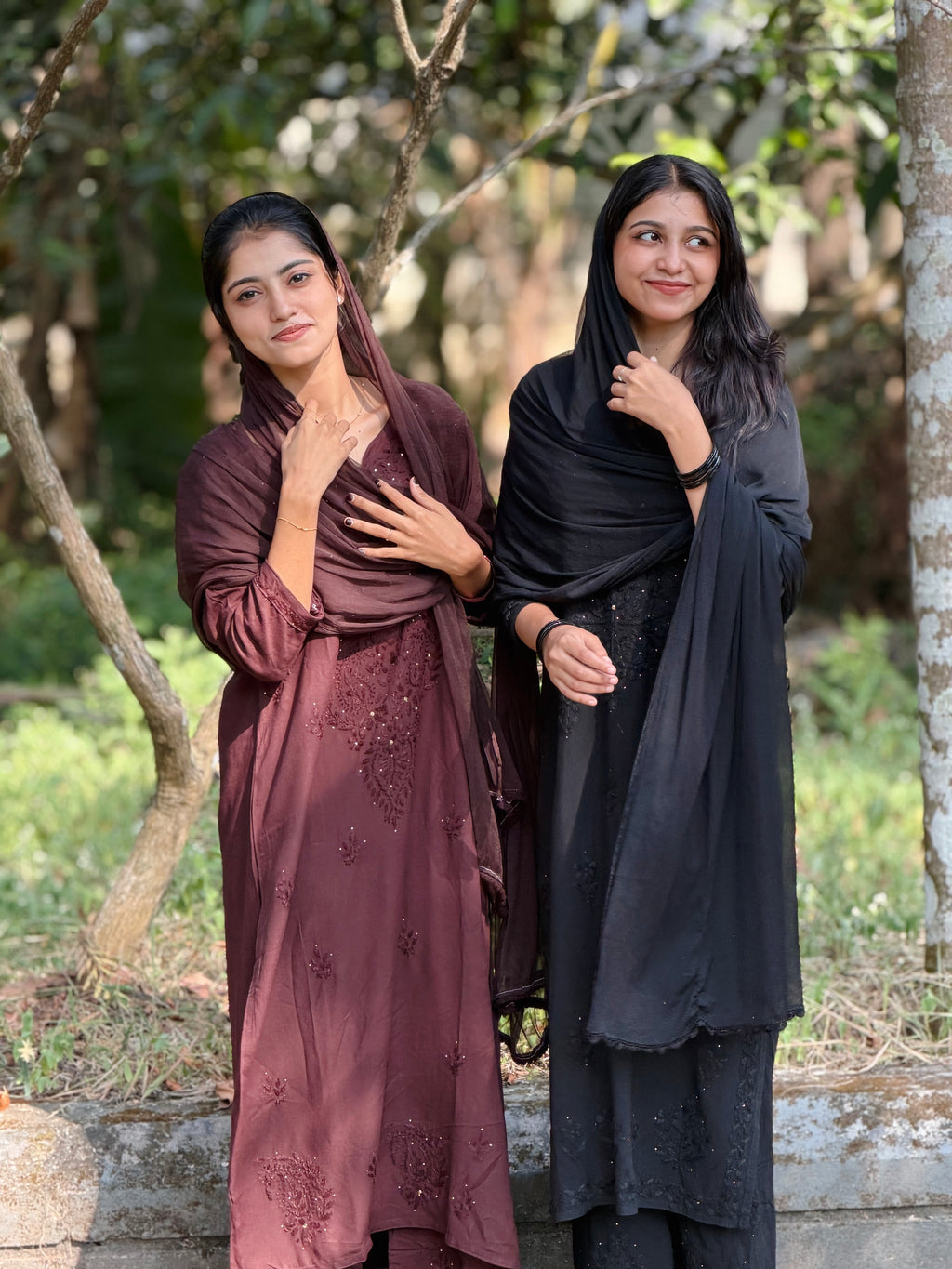 Shifana Hand Embroidered Kurti Palazzo and Dupatta set with Lucknow Chikankari and Mukaish Work