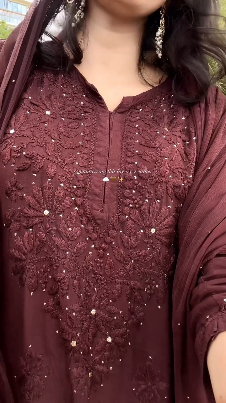 Mariah Chikankari Kurti, Dupatta and Palazzo set with Fine Handwork of Chikankari Work By Artisans of Lucknow