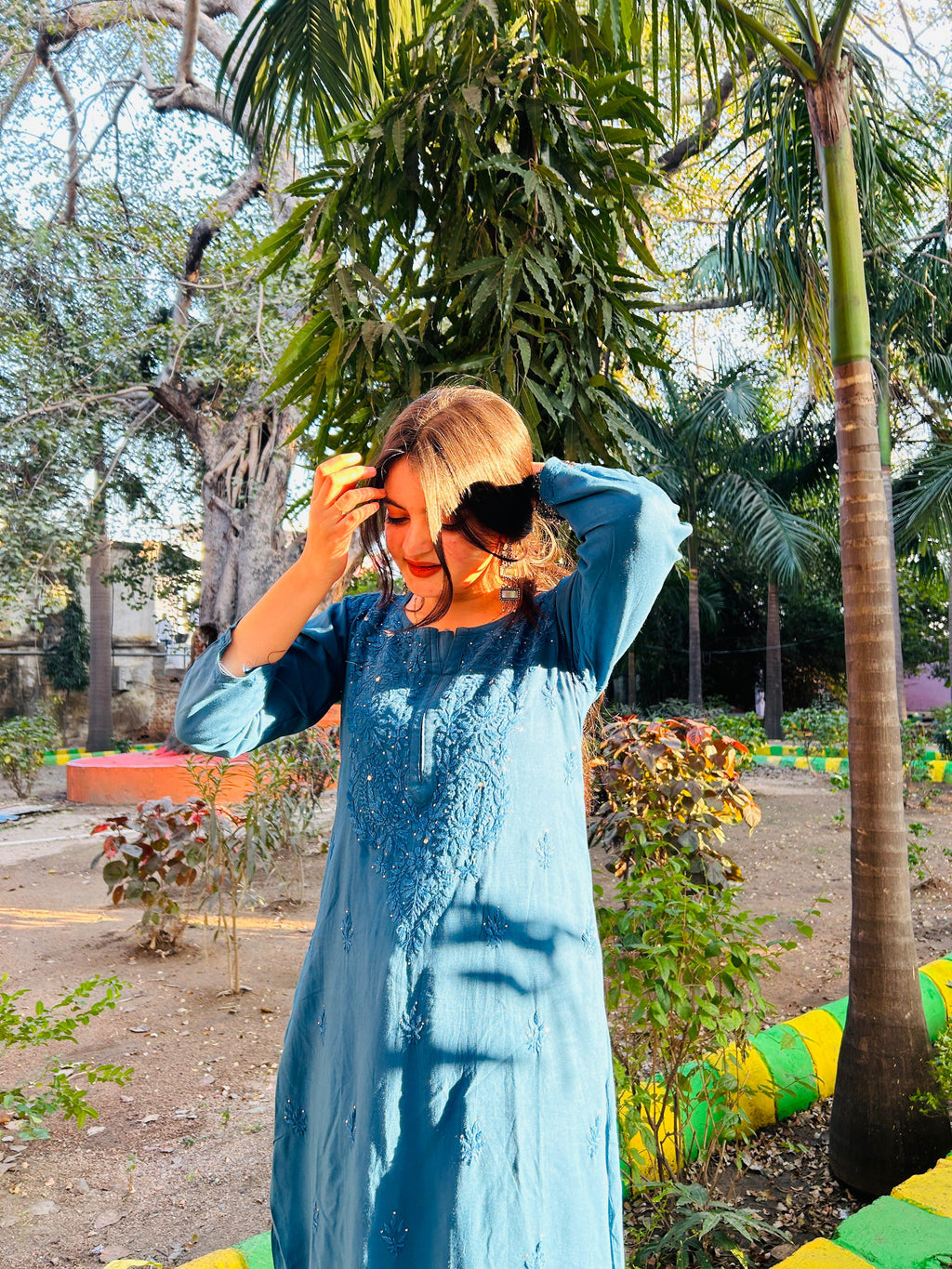 Blue Rayon Chikankari Mukaish Kurti with High Quality White Rayon Palazzo with Fine Chikankari And Mukaish Handwork