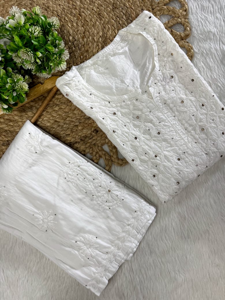 Suhana Cotton Chikankari Kurti with Palazzo | Fine Handcrafted Chikankari & Mukaish Work | Vintage Chikankari