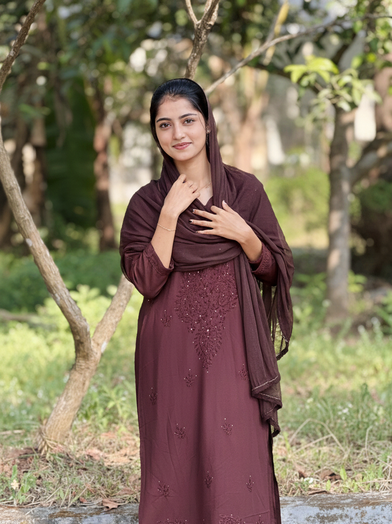 Shifana Hand Embroidered Kurti Palazzo and Dupatta set with Lucknow Chikankari and Mukaish Work