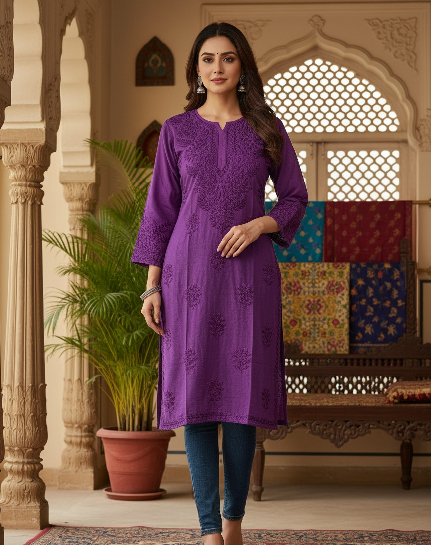 Noori Chanderi Chikankari Kurti with intricate hand work | Handcrafted by Chikankari Artisans of Lucknow