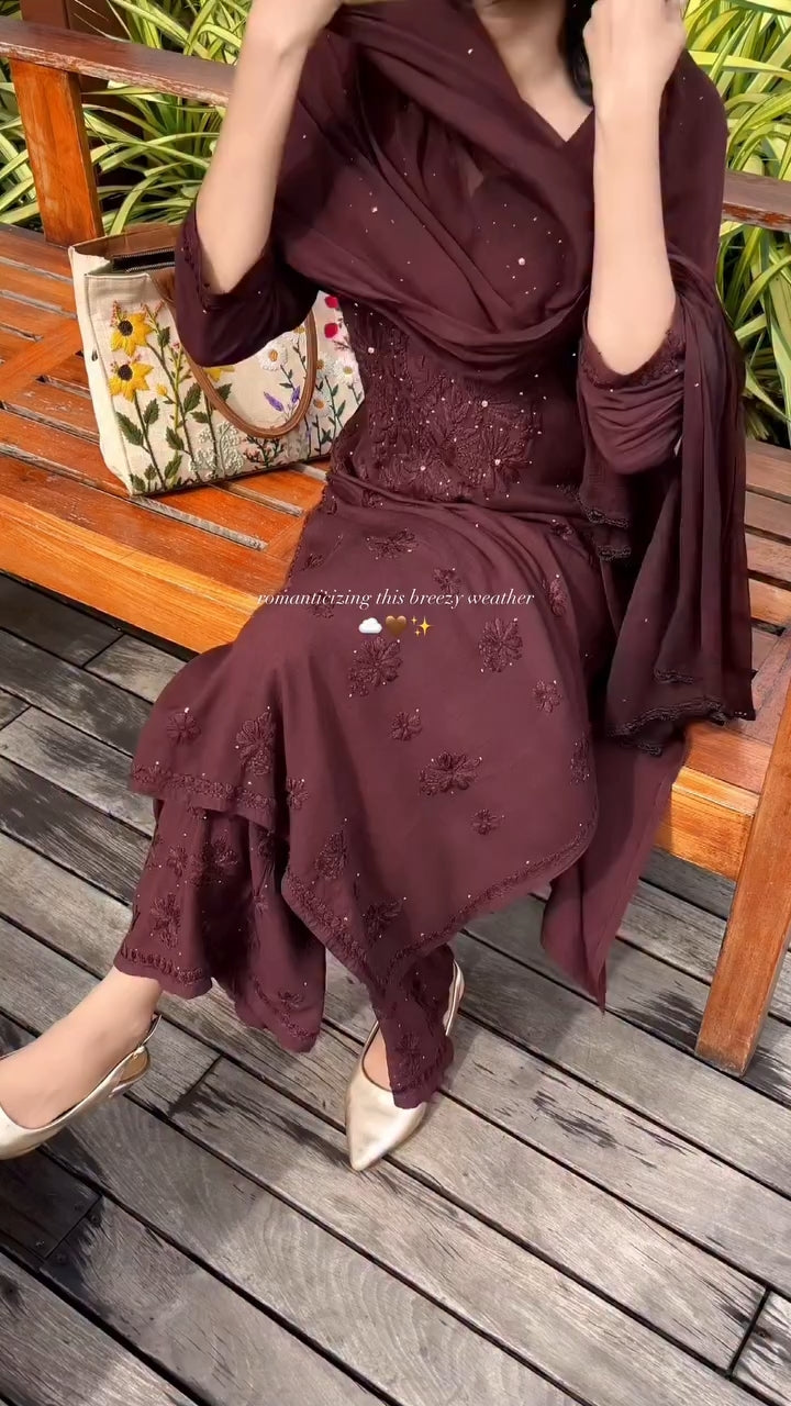 Mariah Chikankari Kurti, Dupatta and Palazzo set with Fine Handwork of Chikankari Work By Artisans of Lucknow