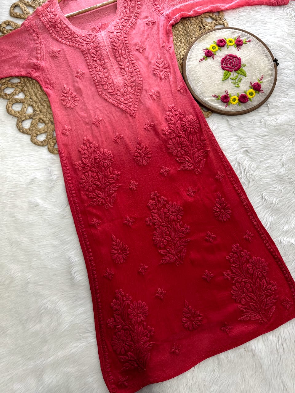 Kiara Advani Chinnon Viscose Chikankari Kurti ONLY | 3D Fine Hand Embroidery | Handcrafted in Lucknow
