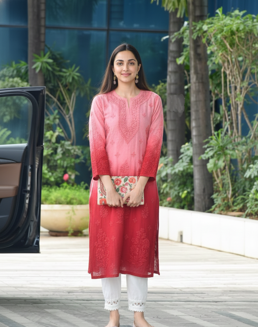 Kiara Advani Chinnon Viscose Chikankari Kurti ONLY | 3D Fine Hand Embroidery | Handcrafted in Lucknow
