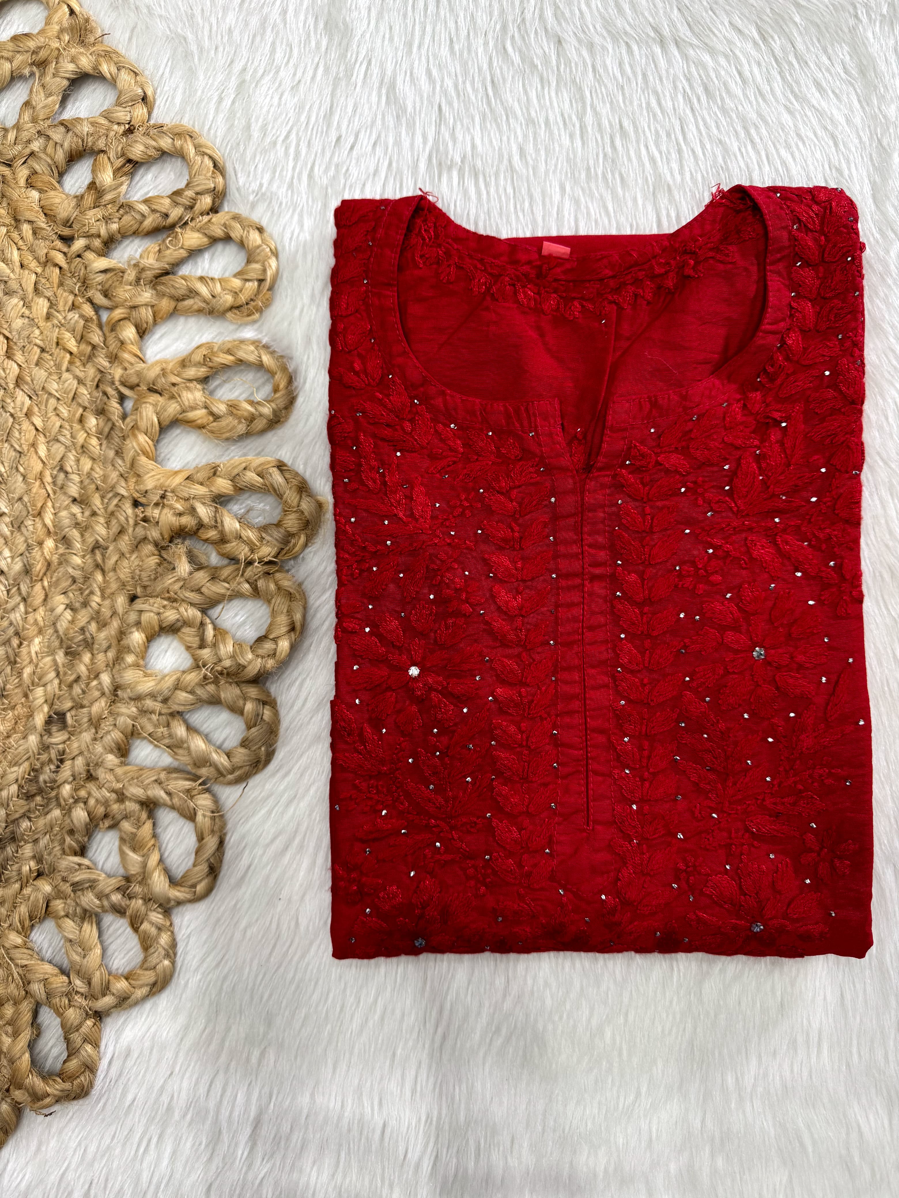 Azra Vintage Chikankari Chanderi Kurti – Tone-to-Tone Thread Chikankari & Kamdani | Handcrafted Lucknow Chikankari