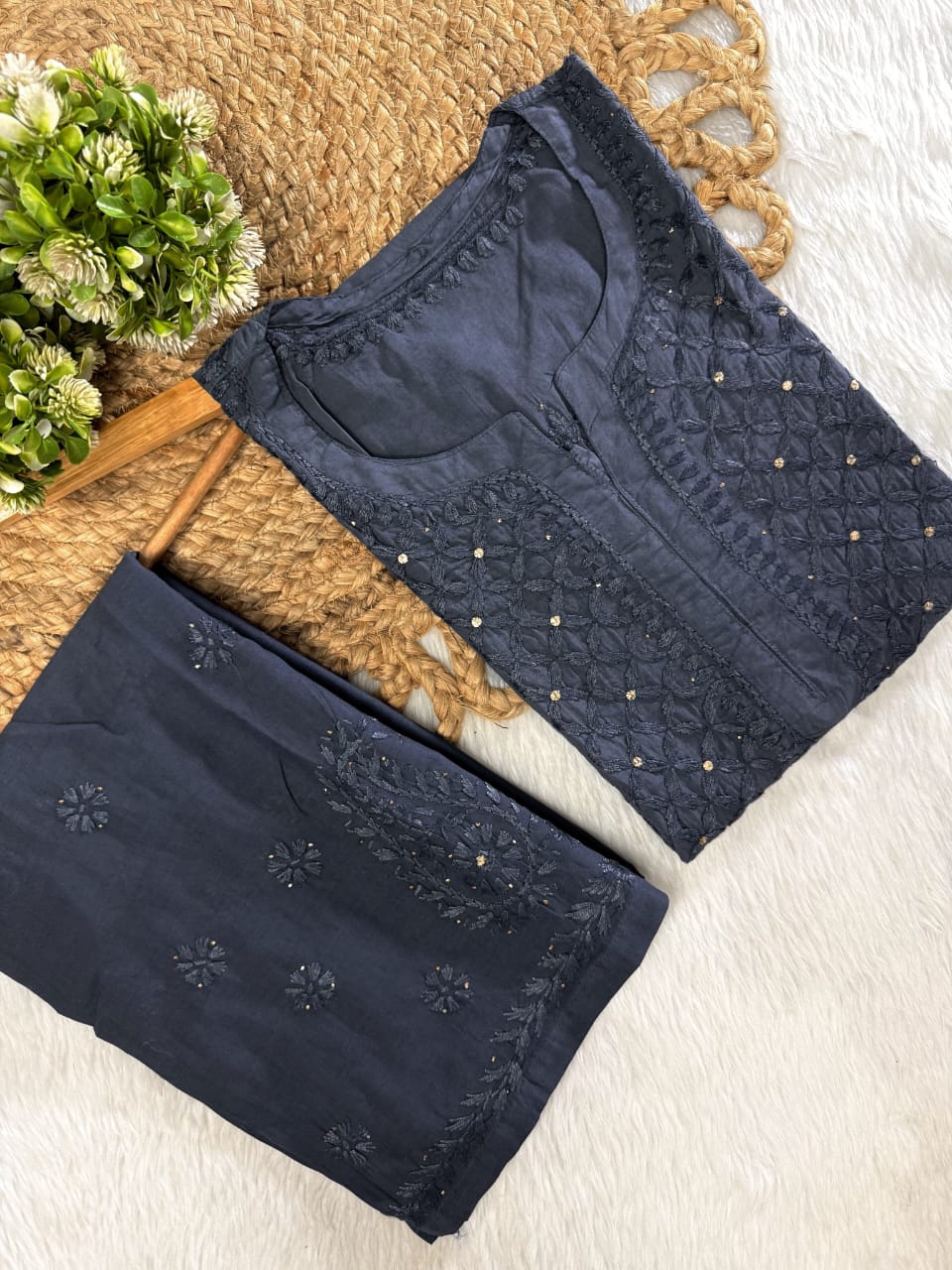 Suhana Cotton Chikankari Kurti with Palazzo | Fine Handcrafted Chikankari & Mukaish Work | Vintage Chikankari