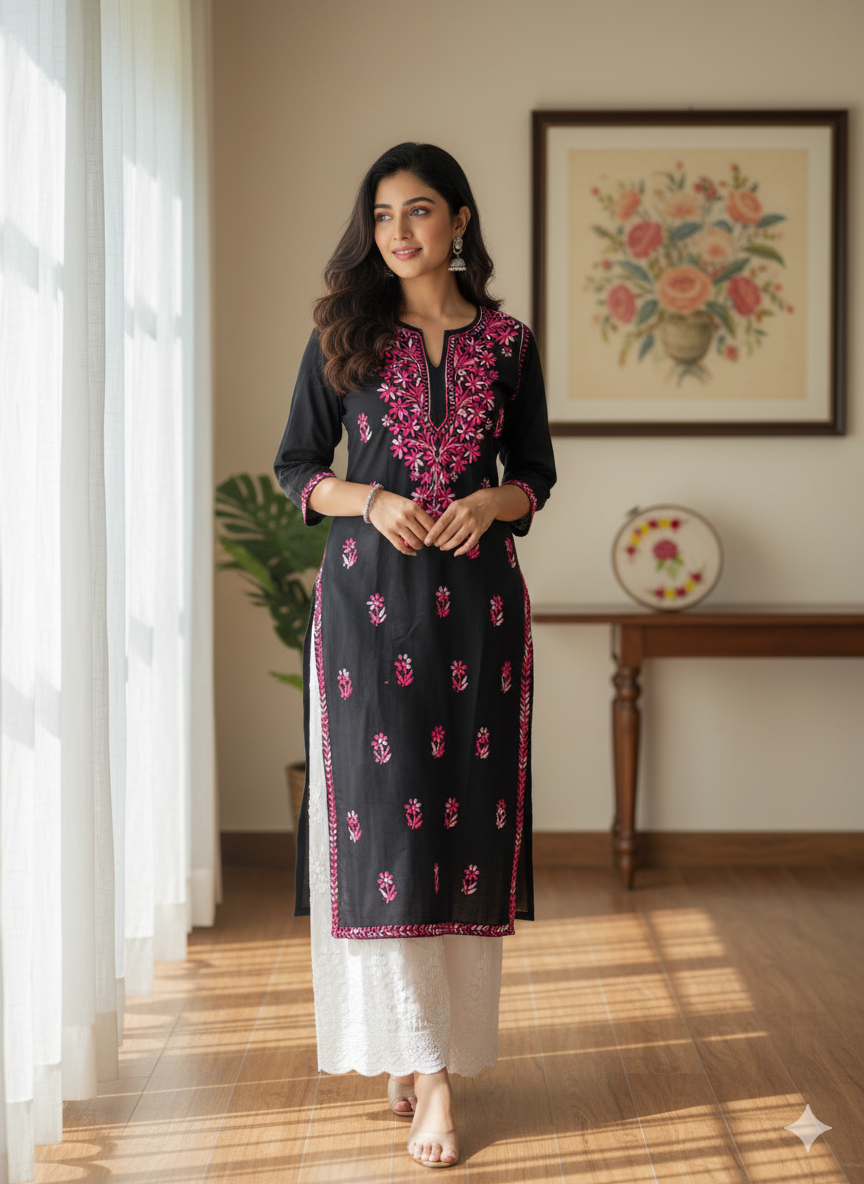 Zareen Black Rayon Chikankari Kurti Only with Dual Shade Chikankari Embroidery Designed by Vintage Chikankari