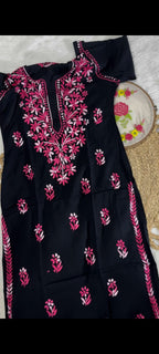 Zareen Black Rayon Chikankari Kurti Only with Dual Shade Chikankari Embroidery Designed by Vintage Chikankari