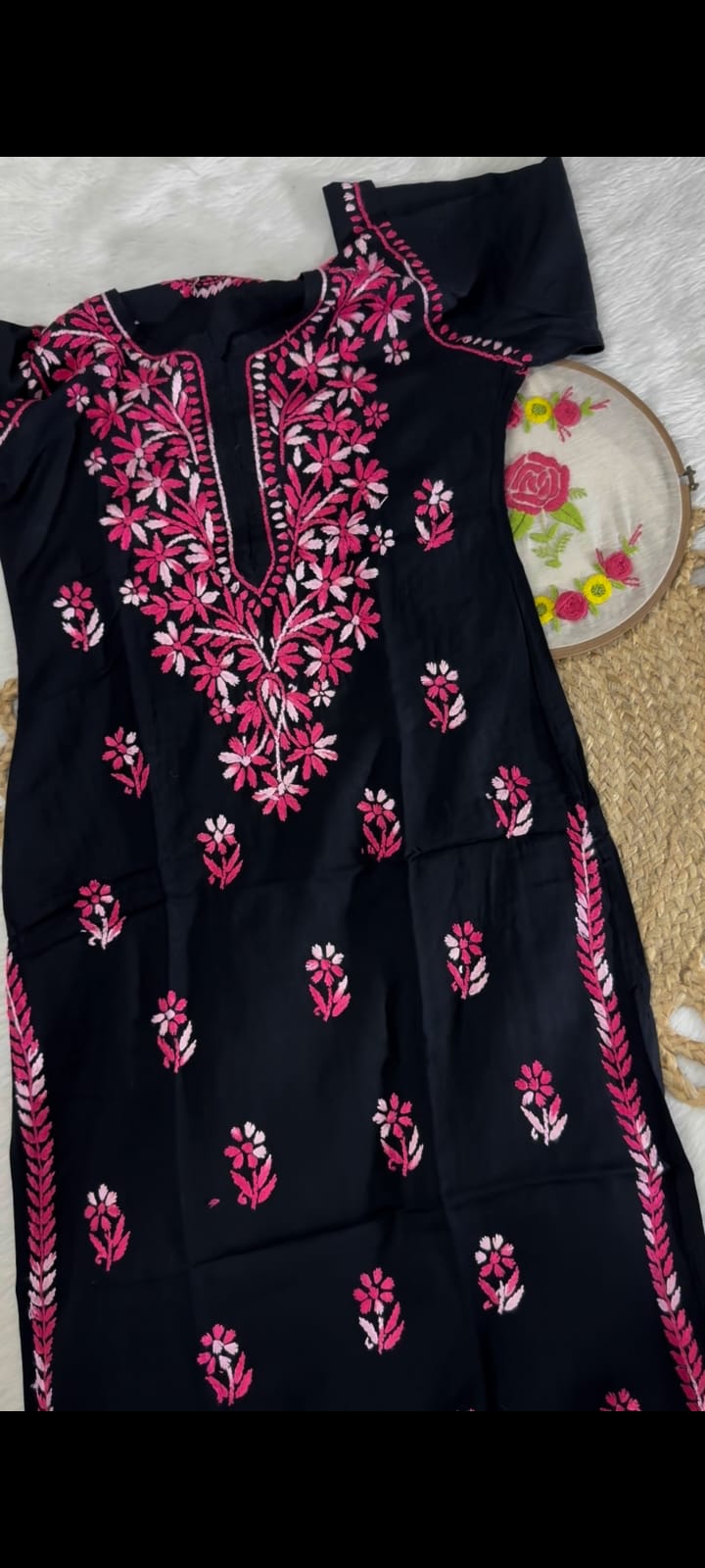Zareen Black Rayon Chikankari Kurti Only with Dual Shade Chikankari Embroidery Designed by Vintage Chikankari