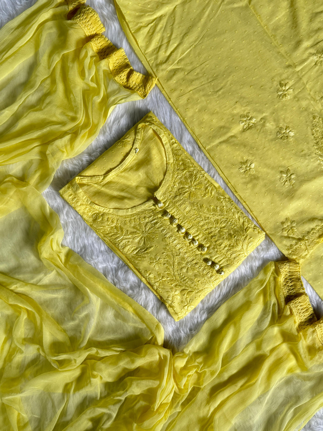 Dobby Cotton Lucknowi Chikankari Kurti Palazzo Dupatta Set with Fine Handwork Chikankari and Dobby Dots Beauty