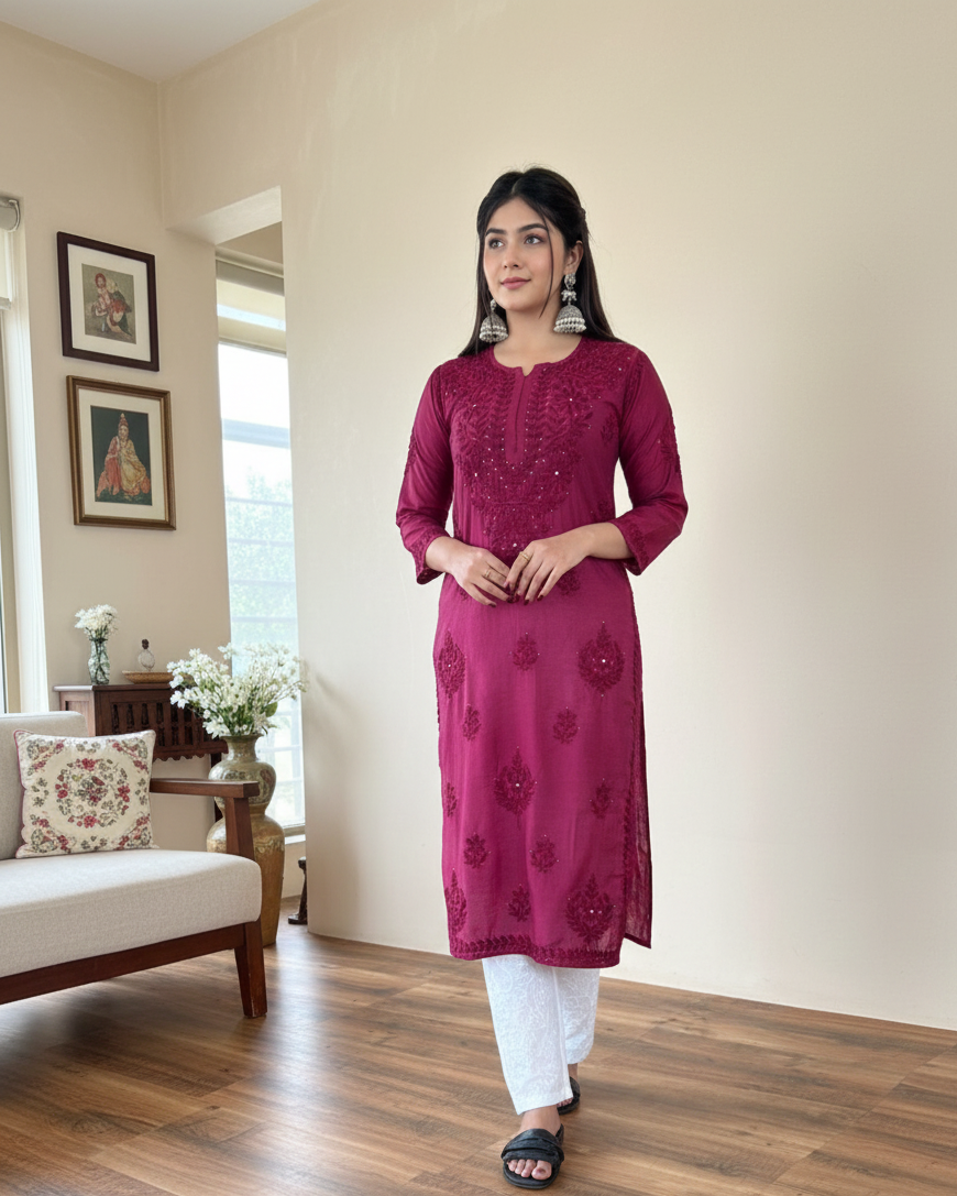 Azra Vintage Chikankari Chanderi Kurti – Tone-to-Tone Thread Chikankari & Kamdani | Handcrafted Lucknow Chikankari