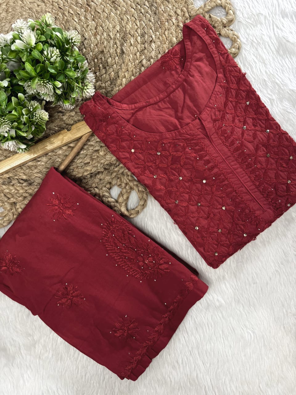 Suhana Cotton Chikankari Kurti with Palazzo | Fine Handcrafted Chikankari & Mukaish Work | Vintage Chikankari