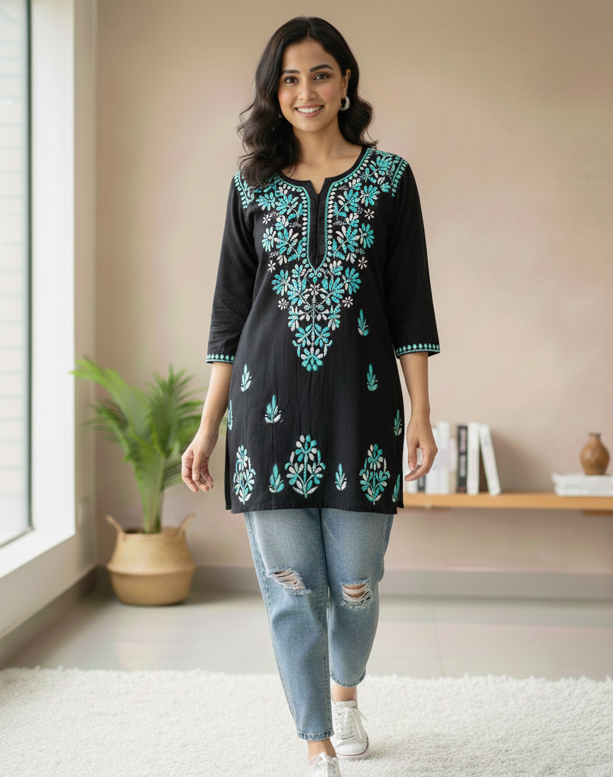 Airah Vintage Chikankari Dual Shade Handmade Lucknow Chikankari Rayon Kurti | Embroidered Top