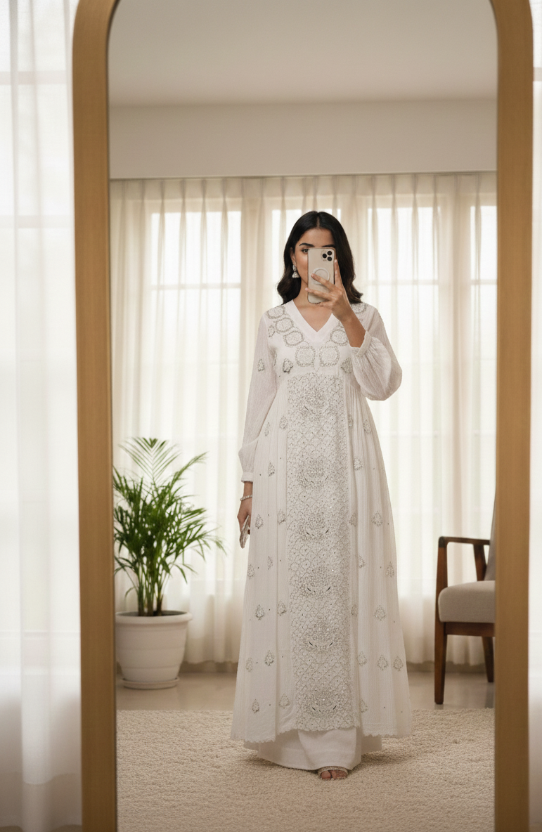 Snow White Long Frock With High Quality Mukaish Hand Crafted on Crape-   Vintage Chikankari