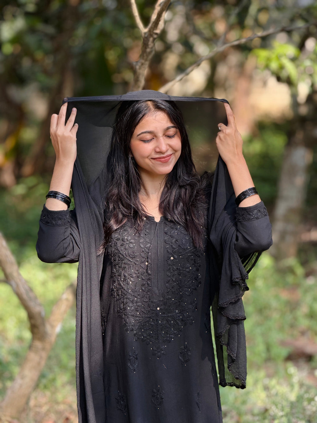 Shifana Hand Embroidered Kurti Palazzo and Dupatta set with Lucknow Chikankari and Mukaish Work