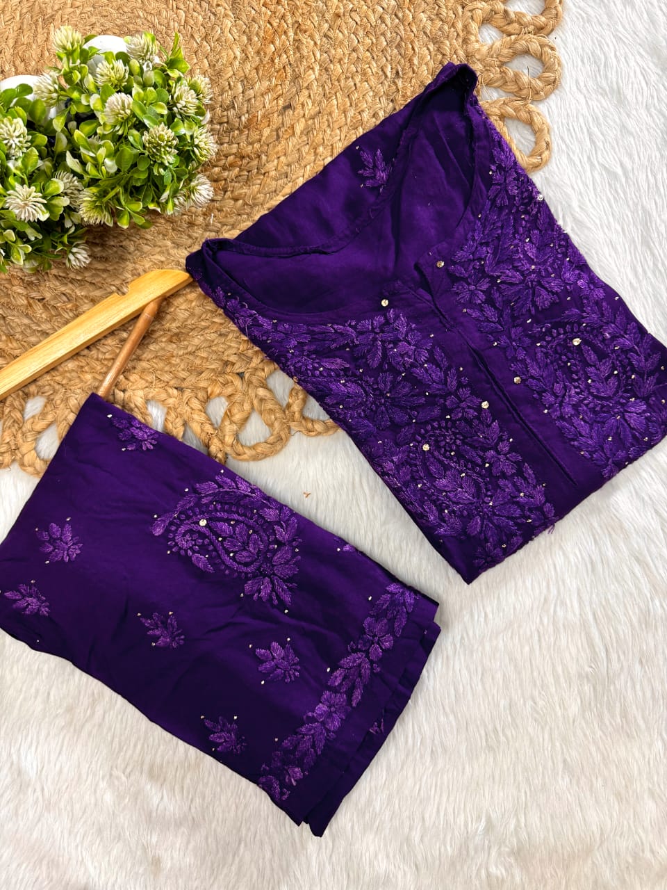 Firdaus Rayon Fabric lucknowi Chikankari mukaish Set of Kurti with Palazzo and Matching Chiffon Dupatta | Vintage Chikankari