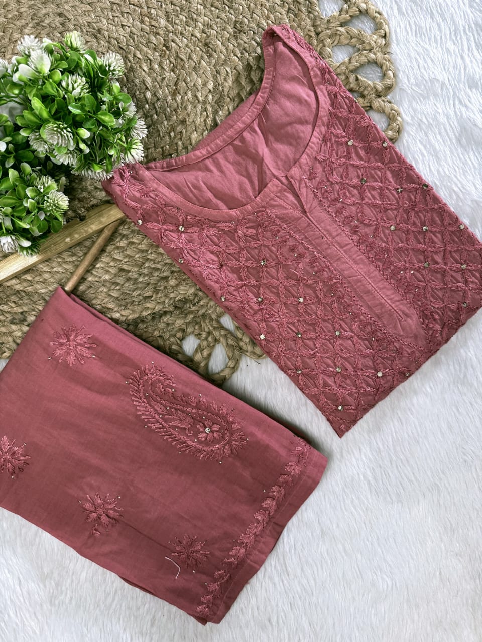 Suhana Cotton Chikankari Kurti with Palazzo | Fine Handcrafted Chikankari & Mukaish Work | Vintage Chikankari