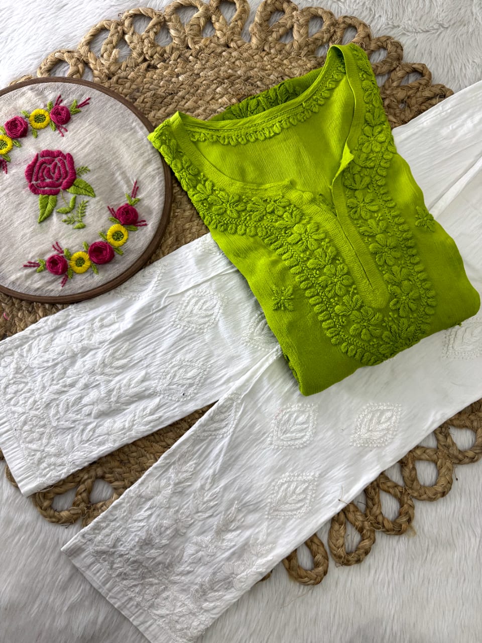 Kiara Advani Chinnon Viscose Chikankari Kurti ONLY | 3D Fine Hand Embroidery | Handcrafted in Lucknow