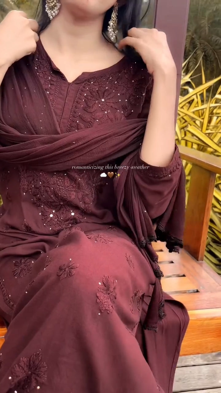 Mariah Chikankari Kurti, Dupatta and Palazzo set with Fine Handwork of Chikankari Work By Artisans of Lucknow