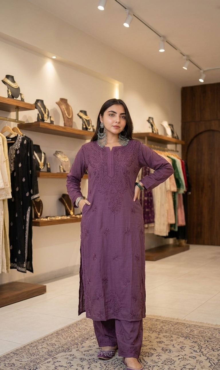 Vine Lucknow Chikankari Kurti and Palazzo Set – Fine Handcrafted Chikankari on Soft Rayon Fabric