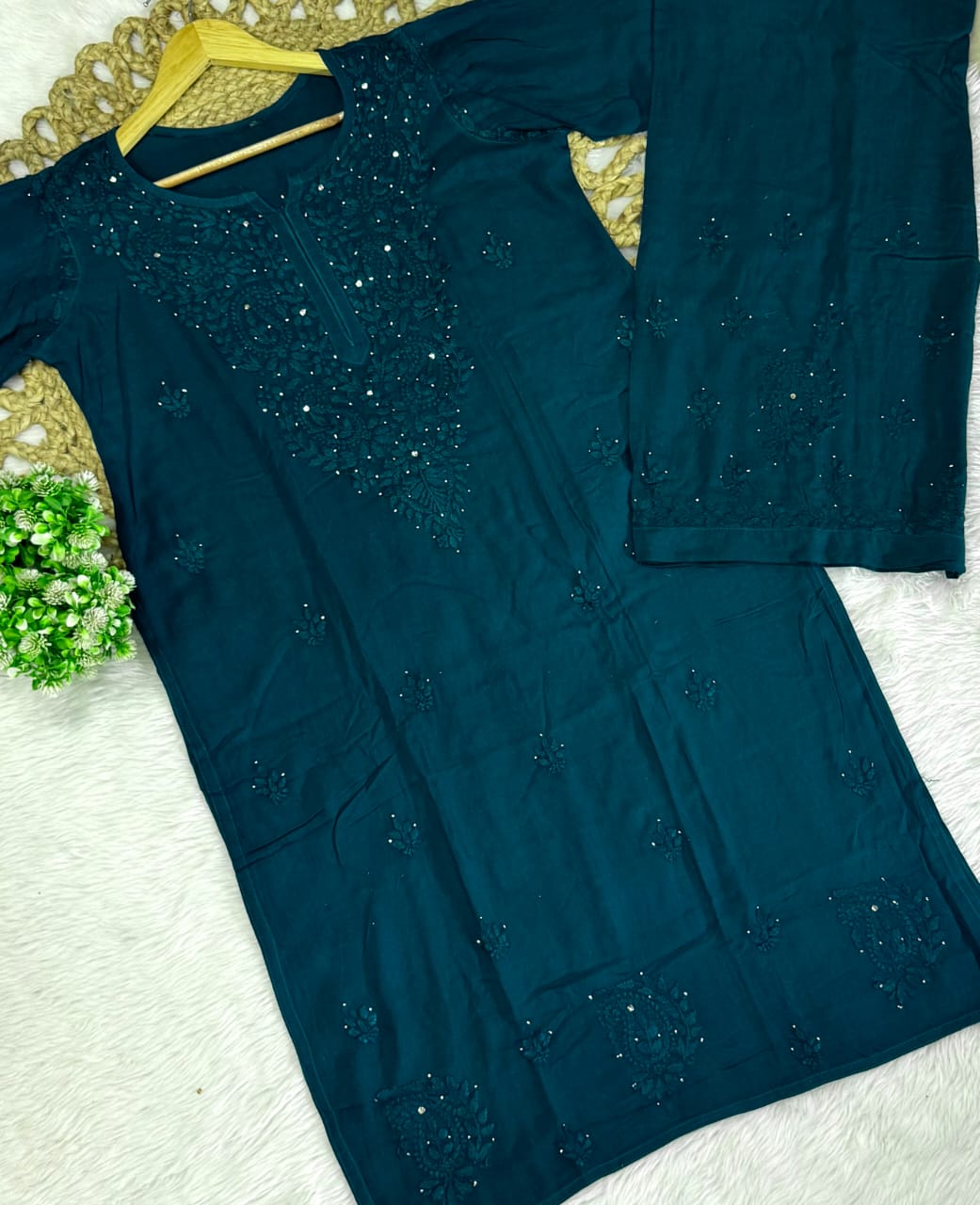 Firdaus Rayon Fabric lucknowi Chikankari mukaish Set of Kurti with Palazzo and Matching Chiffon Dupatta | Vintage Chikankari