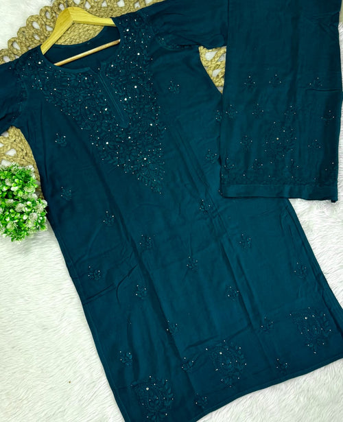 Firdaus Rayon Fabric lucknowi Chikankari mukaish Set of Kurti with Palazzo and Matching Chiffon Dupatta | Vintage Chikankari