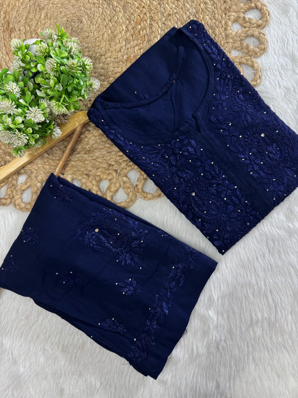 Firdaus Rayon Fabric lucknowi Chikankari mukaish Set of Kurti with Palazzo and Matching Chiffon Dupatta | Vintage Chikankari