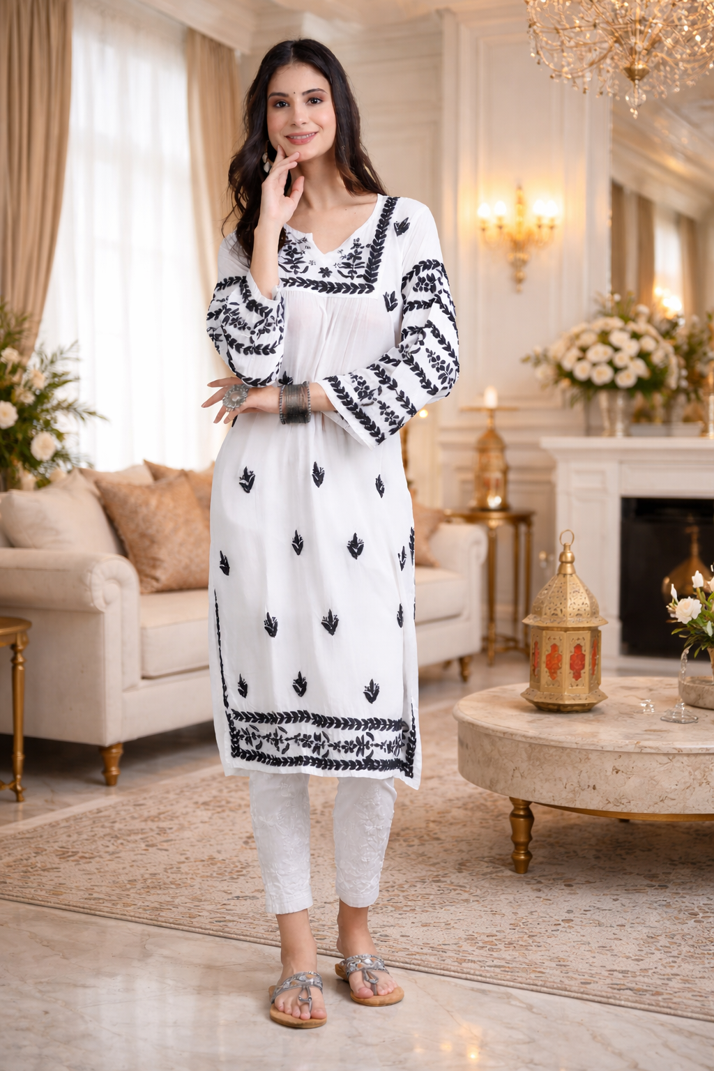 Sona Premium White Modal Chikankari Kurta with Black Thread Embroidery