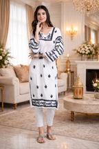 Sona Premium White Modal Chikankari Kurta with Black Thread Embroidery