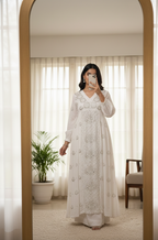 Snow White Long Frock With High Quality Mukaish Hand Crafted on Crape-Silk Fabric By Vintage Chikankari