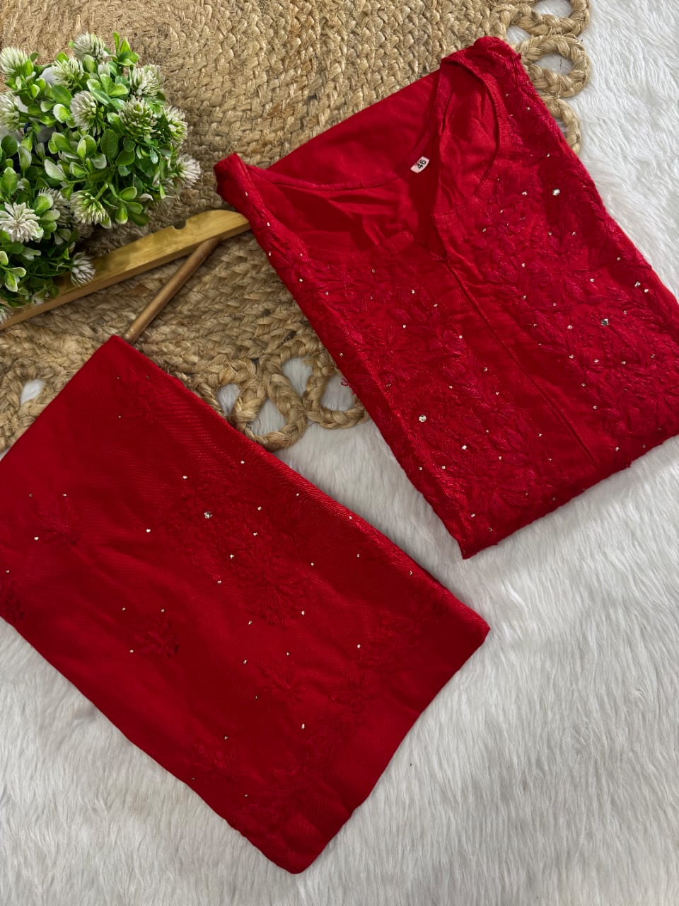 Firdaus Rayon Fabric lucknowi Chikankari mukaish Set of Kurti with Palazzo and Matching Chiffon Dupatta | Vintage Chikankari