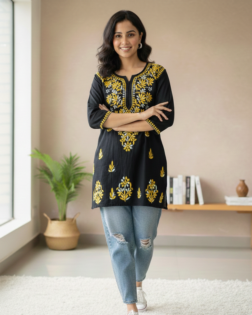 Airah Vintage Chikankari Dual Shade Handmade Lucknow Chikankari Rayon Kurti | Embroidered Top